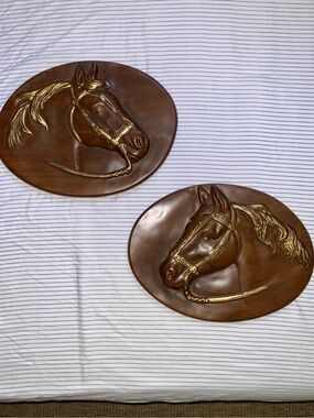 horse wall art hanging plaster ceramic handmade‎ in canada brown gold set pair